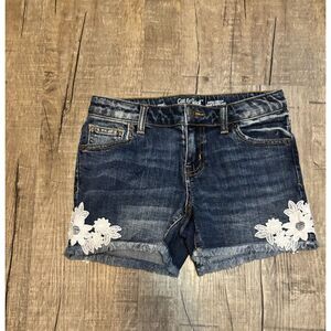 Cat & Jack Girls Denim Shorts L 10/12 Lace Trim Dark Wash Adjustable Waist